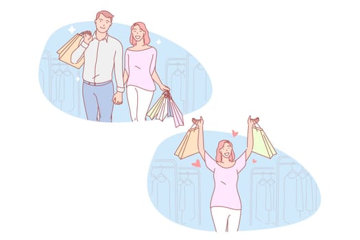 Shopping, couple, love, sale set concept. Couple in love boyfriend and girlfriend goes shopping in boutique. Man and woman loves to go to shop. Girl is excited to buy goods on sale. Simple flat vector