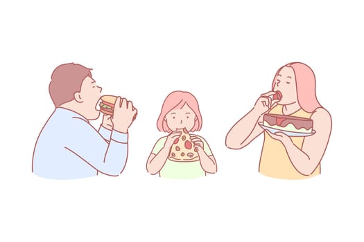 Fast food, taste, obesity, calories, concept. Family eating tasty, unhealthy, high caloric, harmful fast food together. Problem of extra calories consumption and obesity. Bad habit simple flat vector.