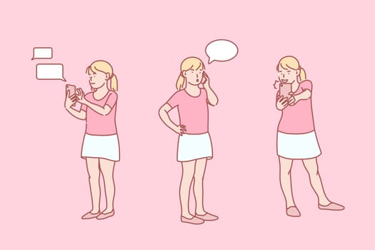 Childhood, online, addiction, phone, set, concept. Chatting, talking online little girl. Child making selfie with phone. Gadget addicted teen. Young generation social problem simple flat vector.