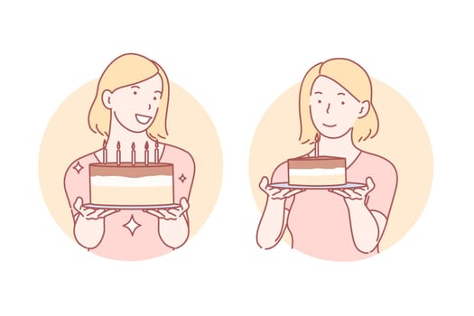 Congratulation, birthday cake set concept. Young satisfied woman is giving pastry away. Happy cheerful girlfriend congratulates with birthday and gifts holiday cake. Simple flat vector