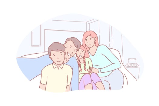 Family, parenthood, childhood concept. Family set together in home on fathersday or motherday. Happy husband and wife are taking selfie picture with their children son and daughter. Simple flat vector