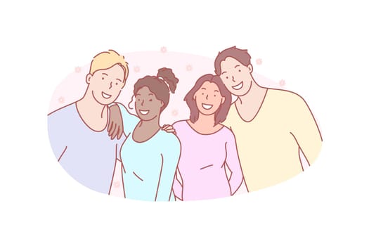 Photo, group, friend, smile, concept. Happy smiling friends pose for group photo. Positive teens looking forward for common picture. Joyful joint together mates. Photographing simple flat vector.