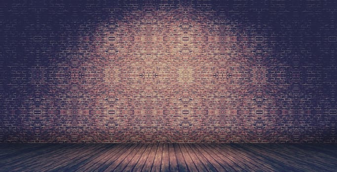 3D render of a grunge interior with old brick wall and wooden floor