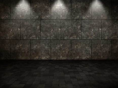 3D render of a grunge interior with tiled floor and metal walls and spotlights