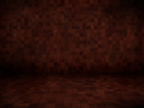 3D render of a grunge interior with tiled floor and walls