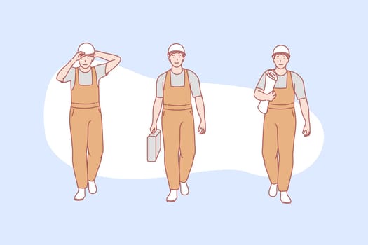 Master, builder, business, construction, engineer set. Engineering master. Young professional builder. Trained, experienced specialist in constructional business. Project workman simple flat vector.