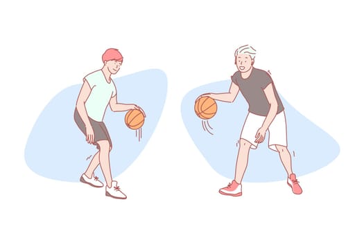 Guys play basketball set concept. Happy stylish man student is standing and dribbles ball with hand. Young satisfied boy teenager with headphones is playing basketball. Simple flat vector