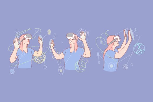 VR or virtual reality headset set concept. Young woman is amazed by virtual reality headset. Happy excited girl is watching video or playing games. Development of VR technology. Simple flat vector