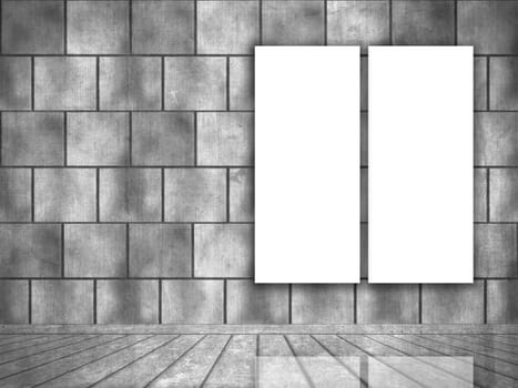 3D render of a grunge interior with blank canvases hanging on the wall