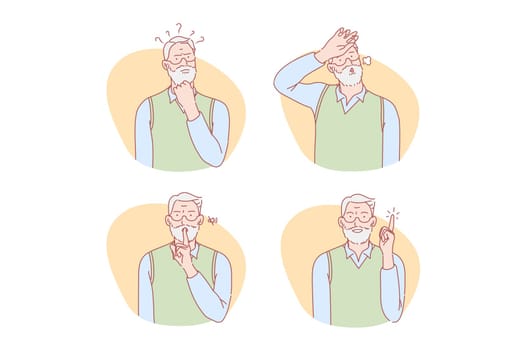 Old age, thinking, idea, silence, relief set concept. Happy old man got idea. Pensive grandad thinks about problem. Pensioner feels relief. Old age man asks for keeping silence. Simple flat vector