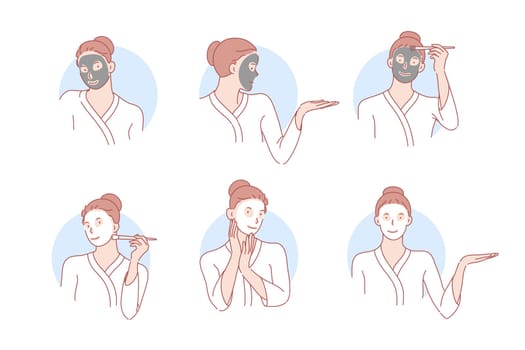 Beauty, skincare, mask, cosmetology set concept. Young cheerful woman wants to look beautiful and cares about her skin. Happy girl is applying cosmetic mask on her face with brush. Simple flat vector