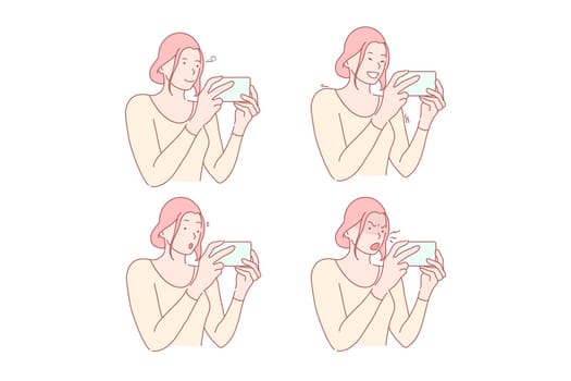 Social network or smm set concept. Woman communicates in social media online. Girl is addicted to social network. Angry or surprisedfemale can not complete game level. Simple flat vector