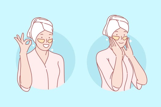 Beauty, skincare, eye patches set concept. Young woman is doing eyes patching. Happy girl cares about skin ann beauty. Korean cosmetic help with wrinkles and black eyes. Simple flat vector