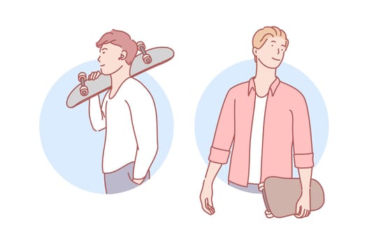 Guys with skateboards set concept. Happy stylish man student is standing and holding skateboard in hands. Young satisfied boy teenager with headphones is doing skateboarding. Simple flat vector