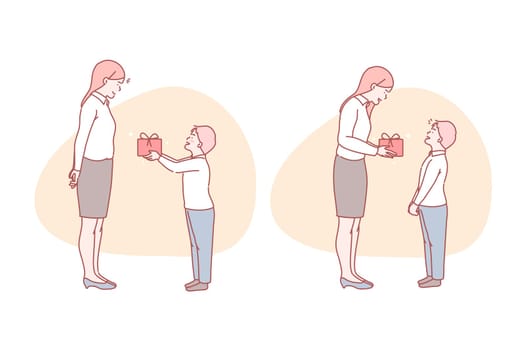 Birthday, gift, happiness, surprise, mother, concept. Young excited boy presenting gift to mom in Mothers day. Grateful schoolchild greeting teacher on holyday. Birthday surprising simple flat vector.