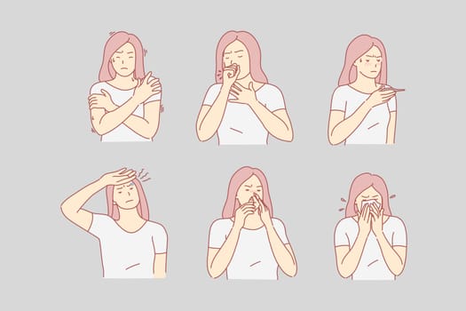 Health, pain, desease set concept. Young woman has desease and uses nose drops. Sick girl has headache, sneezes on handkerchief and coughs. Female has weak health, high temperature. Simple flat vector