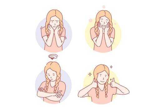 Girls emotional facial expressions set concept. Frightened girl feels grief. Depressed kid is offended and frustrated. Child shows like sign. Young pupil is happy to have childhood. Simple flat vector