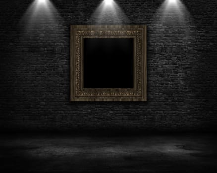 3D render of a grunge room interior with vintage blank picture frame and spotlights shining down