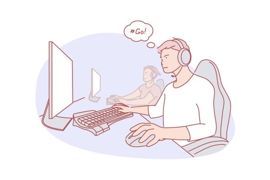 Team, cybersport, game concept. Young teammates men are playing computer games online. Focused boys teenagers gamers with headphones take participation in cybersports tournament. Simple flat vector