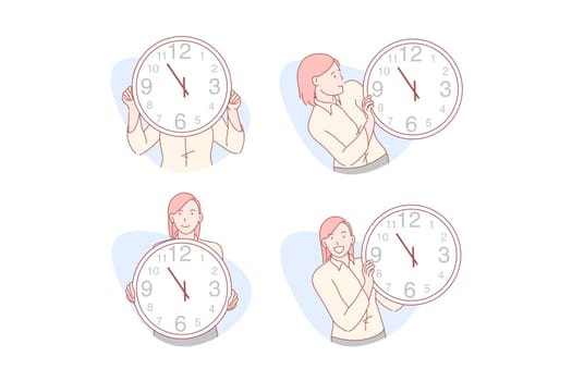 Time management set concept. Young businesswoman uses time management in everyday life. Cheerful girl is hiding her face over big clock. Female holds watches checking time on it. Simple flat vector