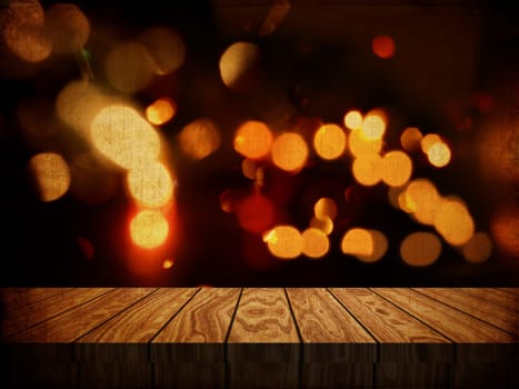 3D render of a grunge style background with wooden table against bokeh lights background