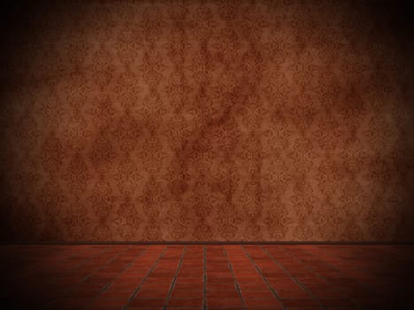 3D render of a grunge style interior with damask wallpaper