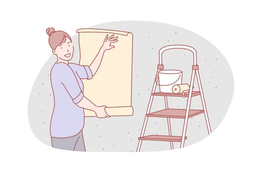 Repairing flat, service wallpapering concept. Young housewife does wallpapering. Happy woman makes repair of flat or apartment, gluing new wallpapers. Girl makes renovation of room. Simple flat vector