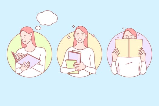 Education, study, knowledge set concept. Young woman student studies interesting subject, preparing to exam. Cheerful girl covers her face with book. Happy woman gets new knowledge. Simple flat vector