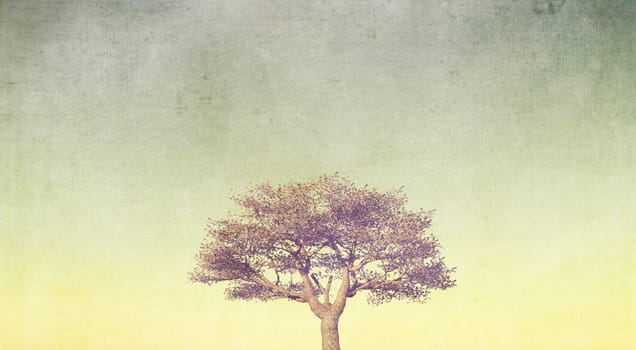 3D render of a grunge style banner with tree on pastel sky