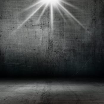 3D render of a grunge style interior with spotlight shining down