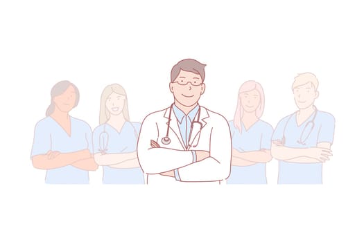 Doctor, team, leadership, internship concept. Young doctor stands in front of his team of men and women. Happy physician leader with glasses is with his group of boy corpsmen and girls nurses.
