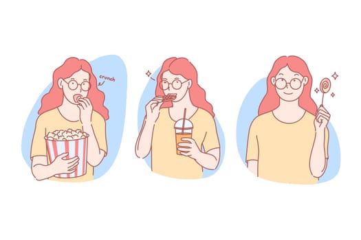 Sweets, junk food set concept. Girl likes to eat sweets or junk food. Smiling kid stands with lollipop. Teenager crunches with popcorn. Child drinks cocktail with cookie or waffle. Simple flat vector