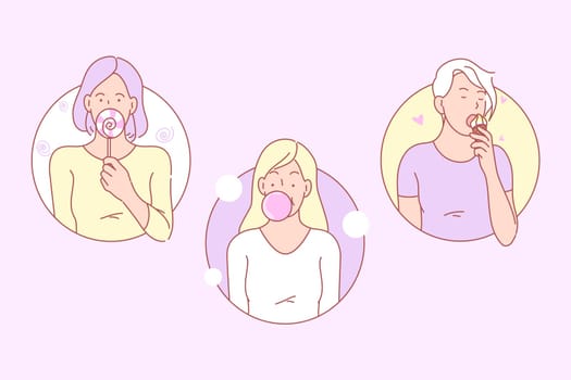 Sweets, junk food set concept. Girls like to eat sweets or junk food. Young woman licks lollipop. Female is licking cold ice cream. Girl teenager is making bubble of chewing gum. Simple flat vector