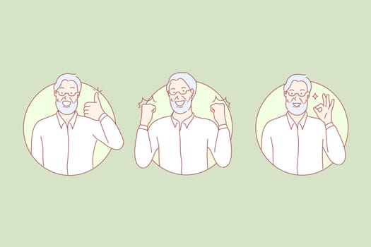 Like sign, ok sign set concept. Excited joyful grandfather with glasses put his hands up. Happy cheerful grandad shows like sign. Lively satified old age man shows ok sign. Simple flat vector