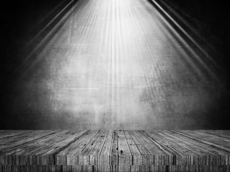 3D render of a grunge style wooden table looking out to spotlit wall