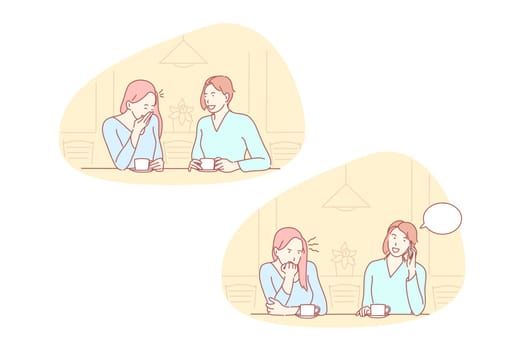 Friendship, jealousy, impolite set concept. Girls friends have meeting together in cafe and communicate with each other. Young woman is jealous about call to her friend on mobile phone. Simple vector