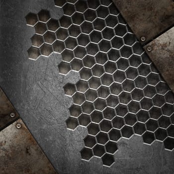 3D render of a grunge texture background with various metal designs