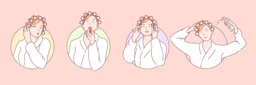 Makeup, beauty, cosmetology set concept. Young woman prepares for date and wants to look beautiful. Girl does makeup and uses cosmetics eyeliner, mascara, lipstick, styling gel. Simple flat vector