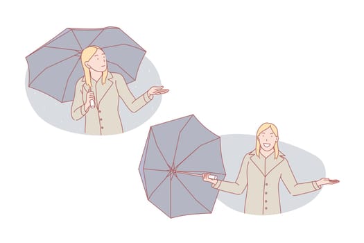 Good weather or bad weather, umbrella set concept. Young woman is sad about bad weather standing on rain under umbrella. Happy girl is excited about good weather, taking umbrella away. Simple vector