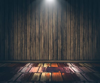 3D render of a grunge wooden interior with spotlight shining down