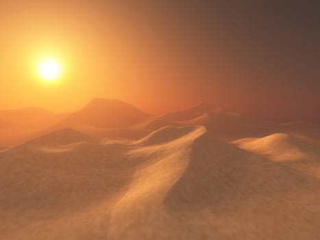 3D render of a hazy desert scene with sunset sky