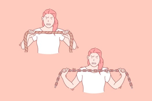 Womans will power, endurance set concept. Young endured woman tries to tear rope up with will power. Angry strong agressive girl is tearing steel solid chain with her woman power. Simple flat vector