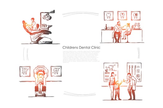 Dentistry, teeth checkup, patient in chair, doctor and kid in stomatology, hospital banner template. Pediatric Dentist profession, children dental clinic concept sketch. Hand drawn vector illustration