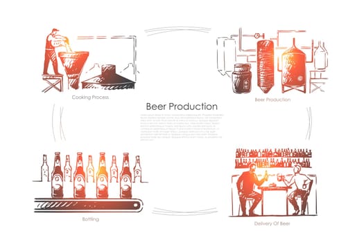 Brewery, ale fermentation process, beverage bottling and delivery, brewer with yeast at alcohol factory banner. Beer production industry, lager brewing concept sketch. Hand drawn vector illustration