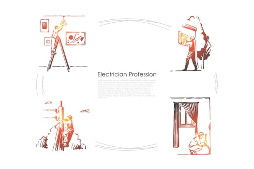 Repairman, engineer changing light bulb, electrical system installation, electrical box repairing banner. Electrician profession, maintenance service concept sketch. Hand drawn vector illustration