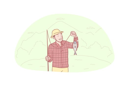 Fisherman, fishing, catch, hobby concept. Young smiling fisherman caught big fish from pond or river on vacation. Happy satisfied boy angler hold fishing rod with catch on it. Simple flat vector