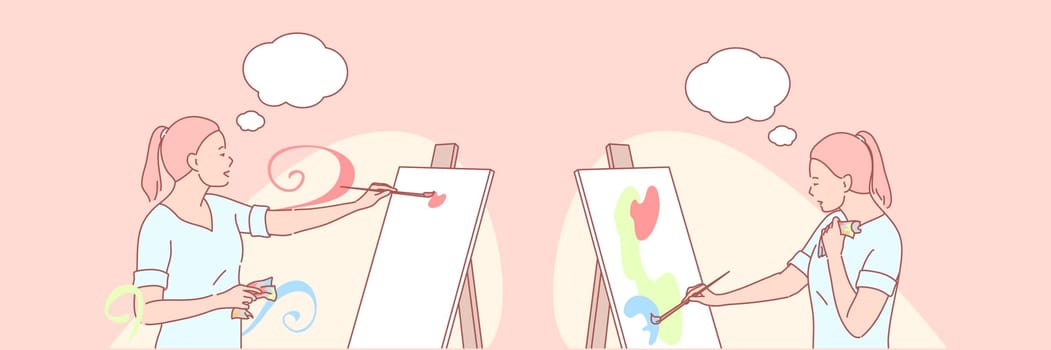 Art, artist, painting, creative set concept. Young satisfied artist is drawing with paintbrush on easel. Happy woman paints sketch of illustration. Girl painter is creating picture in art studio.