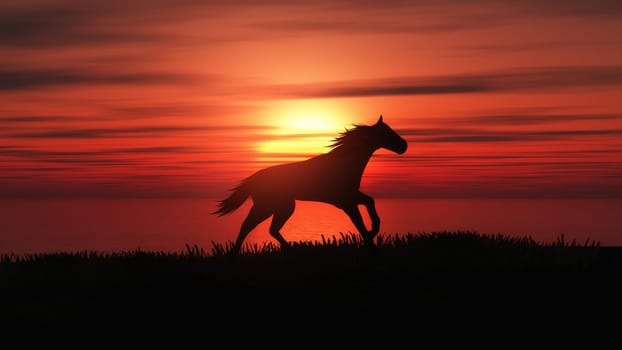 3D render of a horse running in a sunset landscape