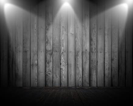 3D render of a grunge style room interior with 3 spotlights shining down
