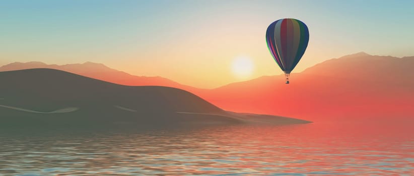 3D render of a hot air ballon against a sunset sky and island